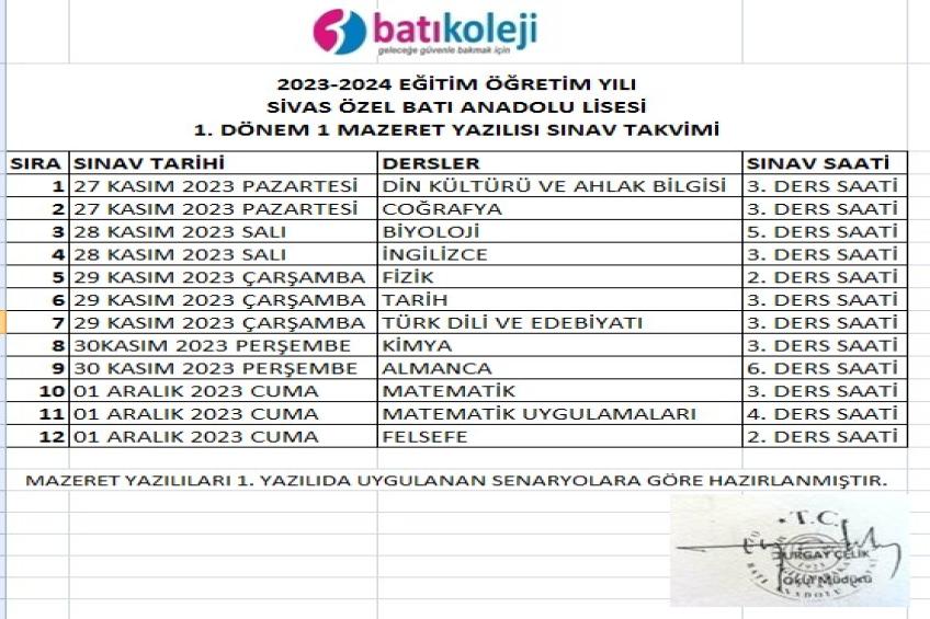 1.Dönem Mazeret Yazılı Sınavı Tarihleri